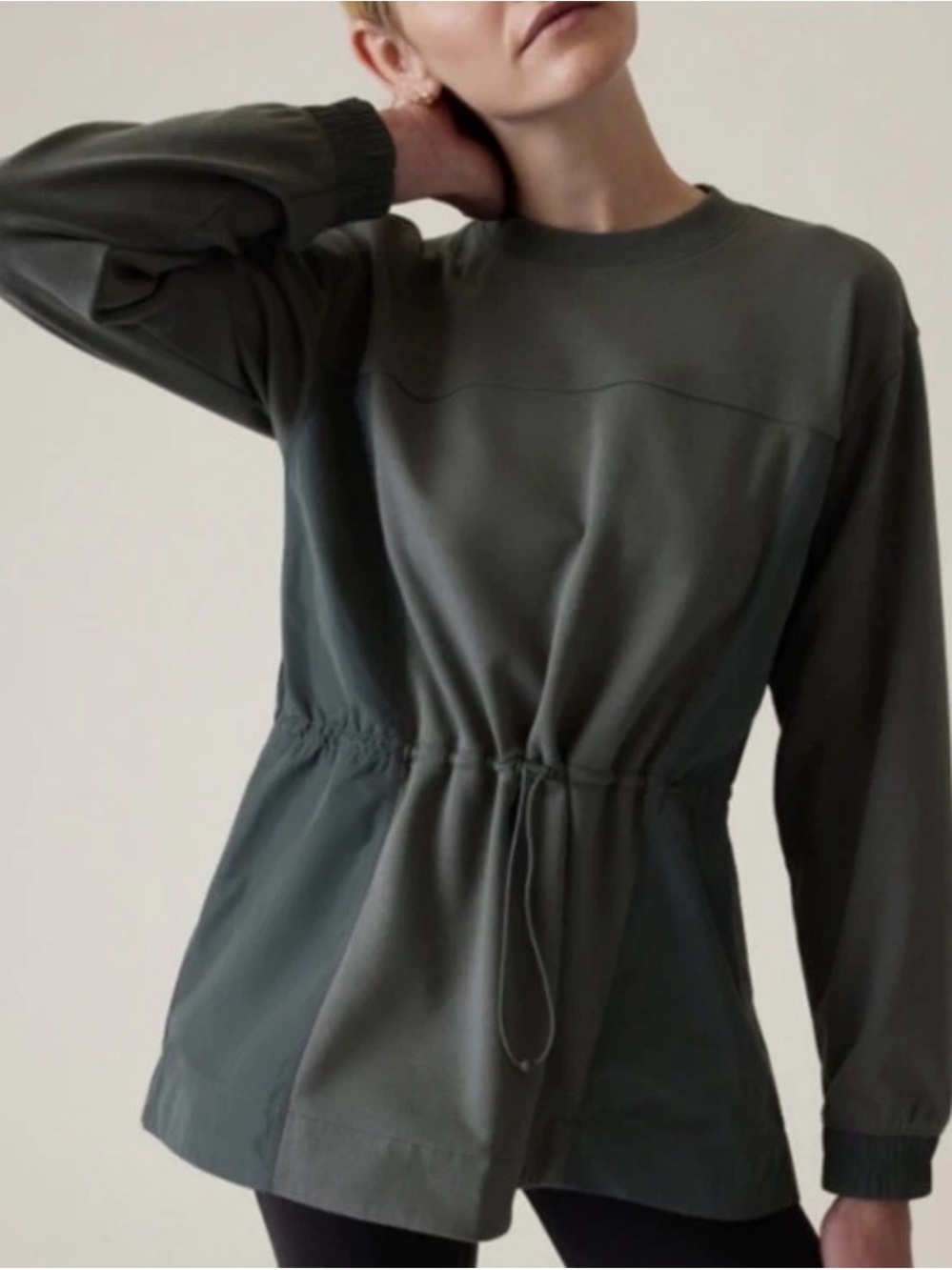 Athleta Firest Green Drawcord Waist Crewneck Pullover
